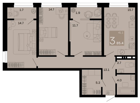 3-комнатная квартира №62 85,4 м2 от застройщика ГК ТОЧНО
