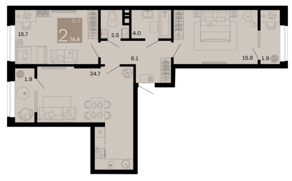 2-комнатная квартира №127 74,6 м2 от застройщика ГК ТОЧНО
