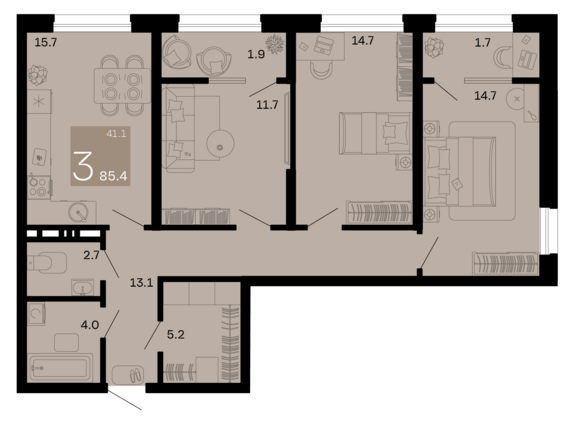 3-комнатная квартира №223 85,4 м2 от застройщика ГК ТОЧНО