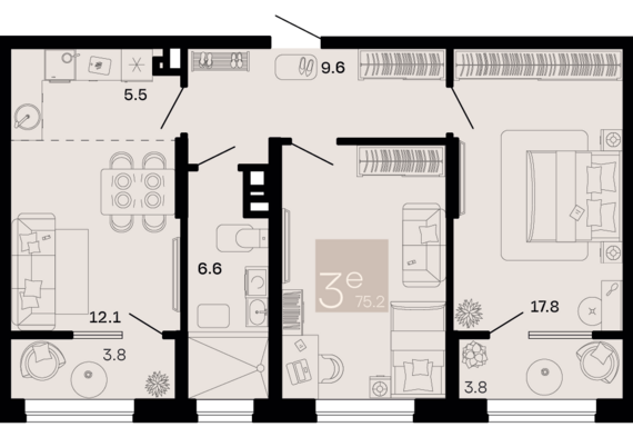 евро 3 к.кв. №17 75,2 м2 от застройщика ГК ТОЧНО