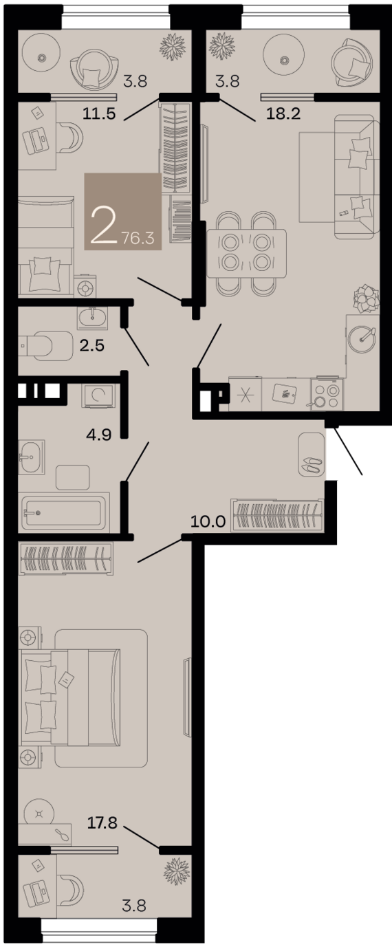 2-комнатная квартира №48 76,3 м2 от застройщика ГК ТОЧНО