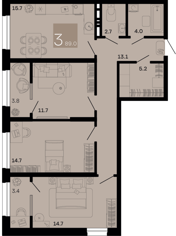 3-комнатная квартира №97 89 м2 от застройщика ГК ТОЧНО