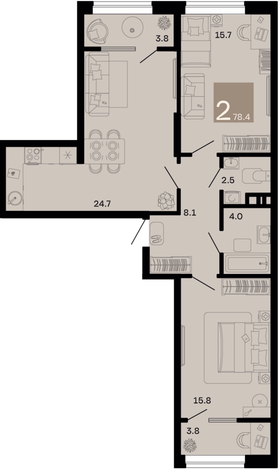 2-комнатная квартира №125 78,4 м2 от застройщика ГК ТОЧНО