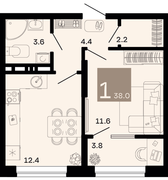 1-комнатная квартира №142 36,1 м2 от застройщика ГК ТОЧНО