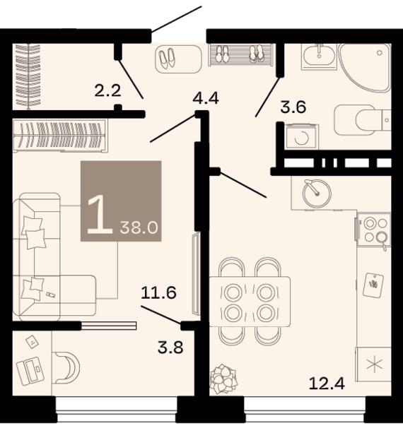 1-комнатная квартира №167 38 м2 от застройщика ГК ТОЧНО