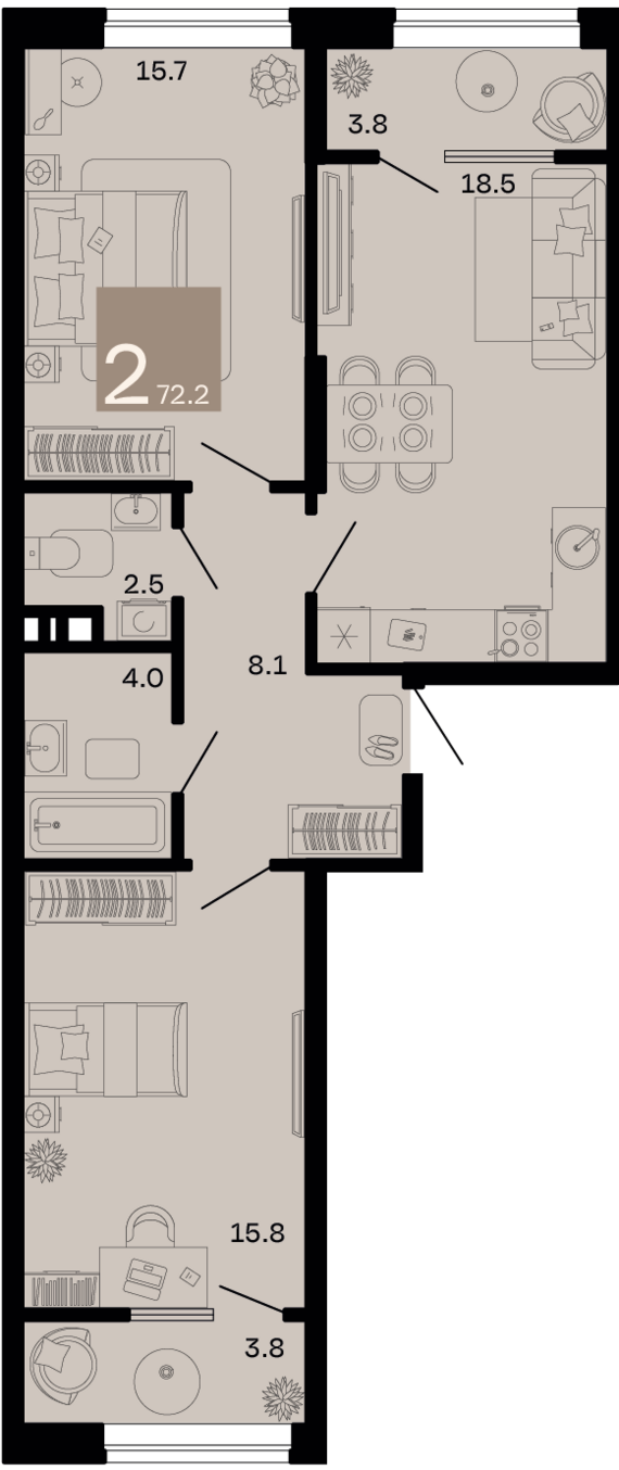 2-комнатная квартира №156 72,2 м2 от застройщика ГК ТОЧНО