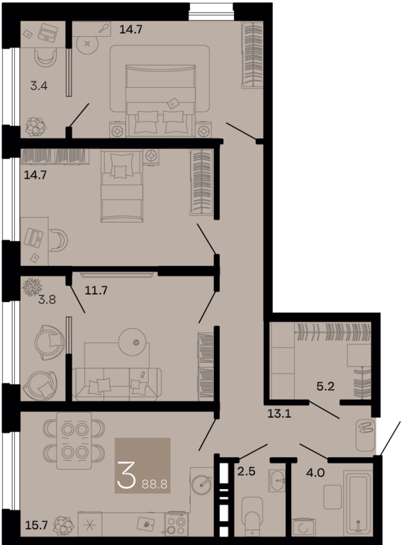 3-комнатная квартира №238 85,2 м2 от застройщика ГК ТОЧНО