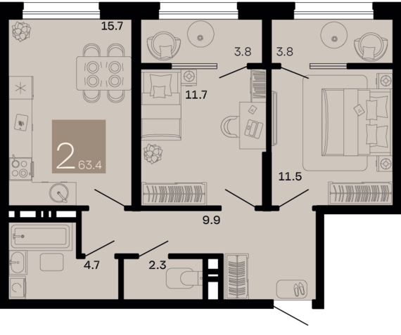 2-комнатная квартира №253 63,4 м2 от застройщика ГК ТОЧНО