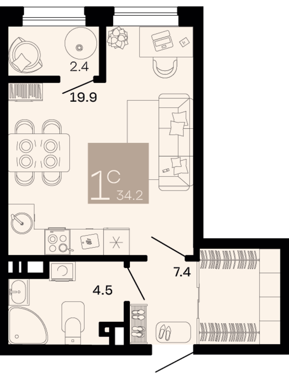 Студия №255 34,2 м2 от застройщика ГК ТОЧНО
