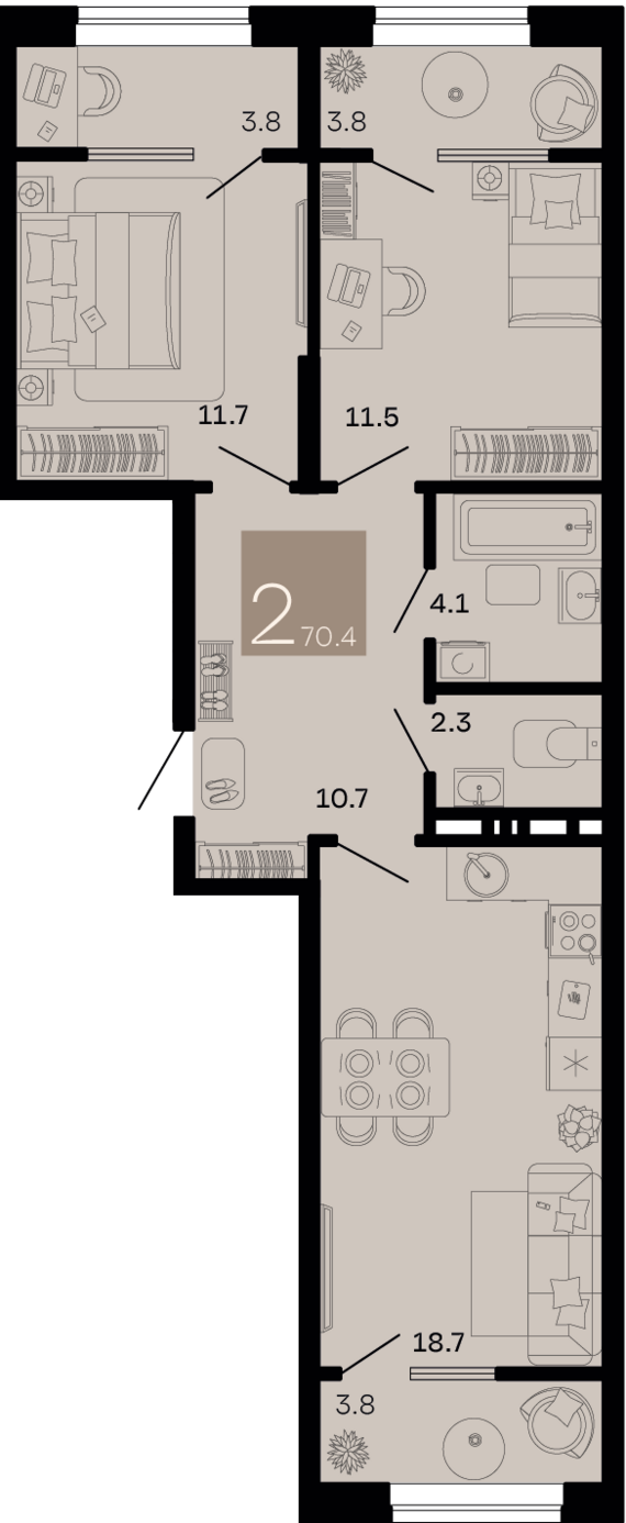 2-комнатная квартира №256 70,4 м2 от застройщика ГК ТОЧНО
