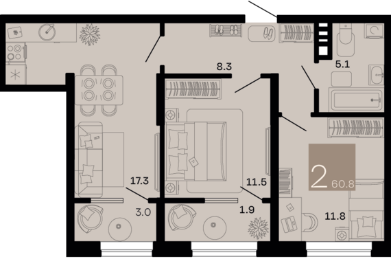 2-комнатная квартира №257 60,8 м2 от застройщика ГК ТОЧНО