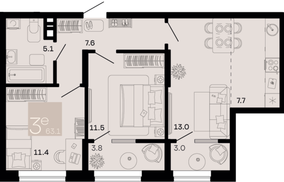 евро 3 к.кв. №335 63,1 м2 от застройщика ГК ТОЧНО