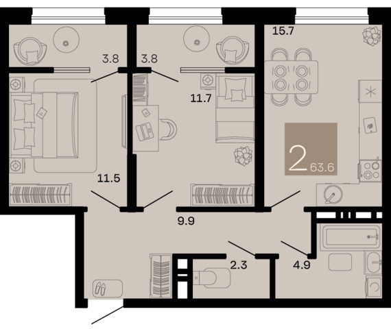 2-комнатная квартира №304 63,6 м2 от застройщика ГК ТОЧНО