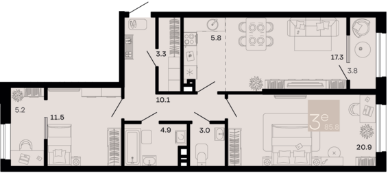 евро 3 к.кв. №292 85,8 м2 от застройщика ГК ТОЧНО