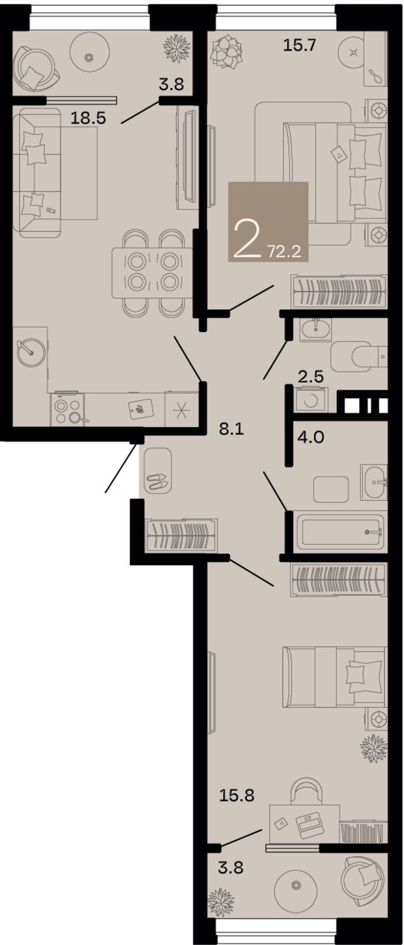 2-комнатная квартира №346 72,2 м2 от застройщика ГК ТОЧНО