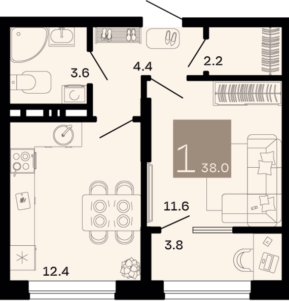 1-комнатная квартира №359 36,1 м2 от застройщика ГК ТОЧНО
