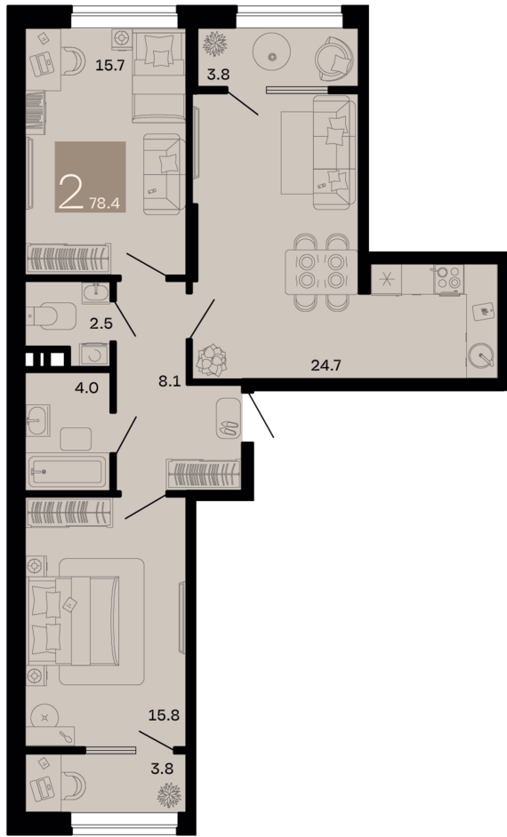 2-комнатная квартира №361 78,4 м2 от застройщика ГК ТОЧНО