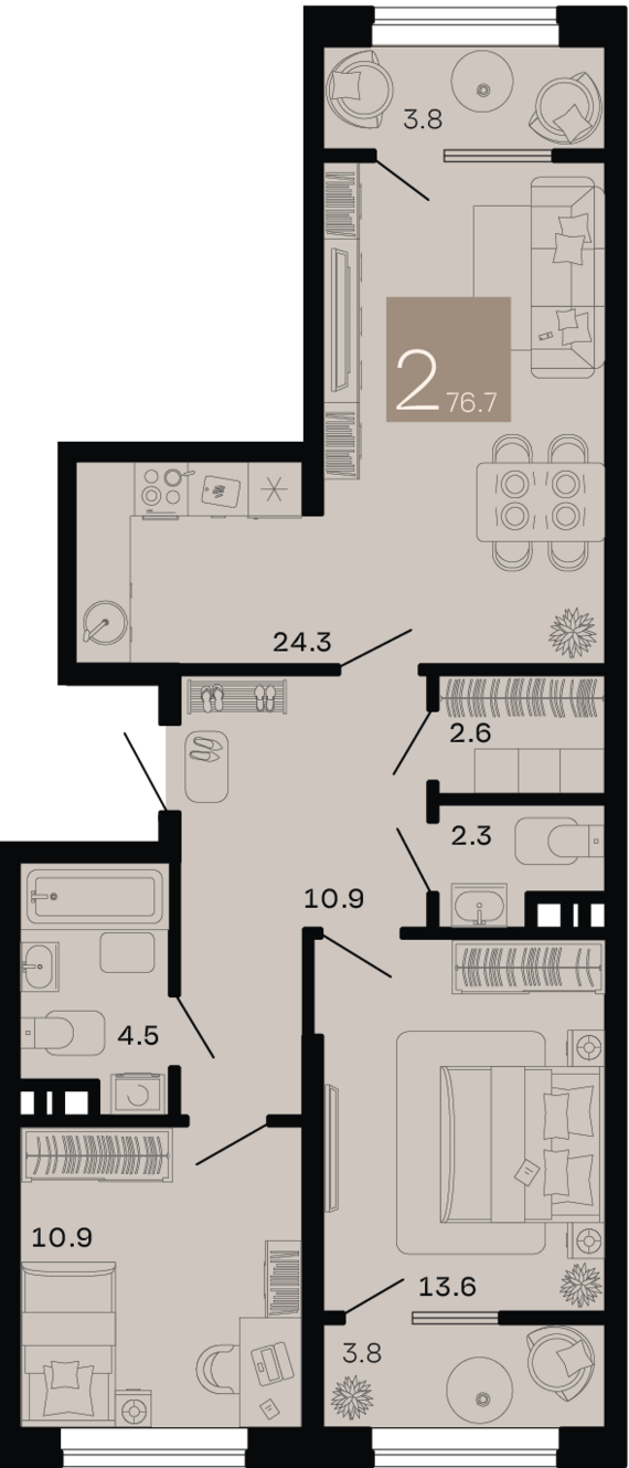 2-комнатная квартира №10 76,7 м2 от застройщика ГК ТОЧНО