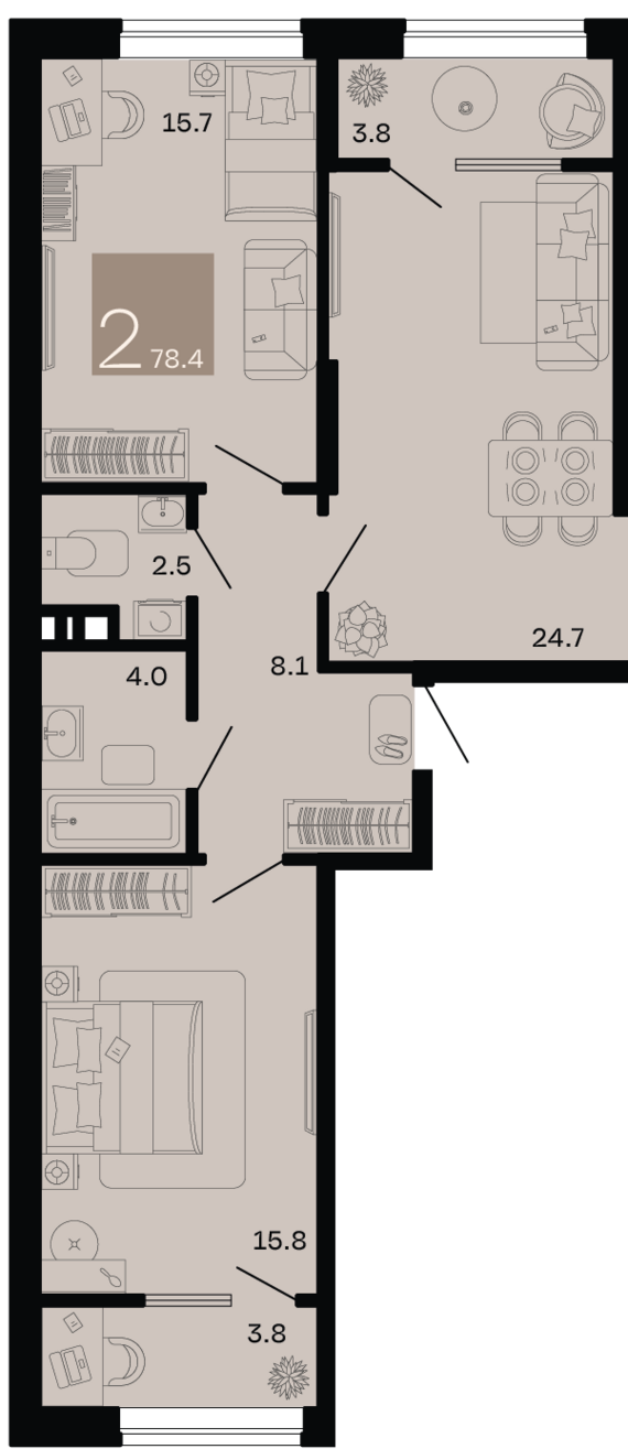 2-комнатная квартира №45 78,4 м2 от застройщика ГК ТОЧНО