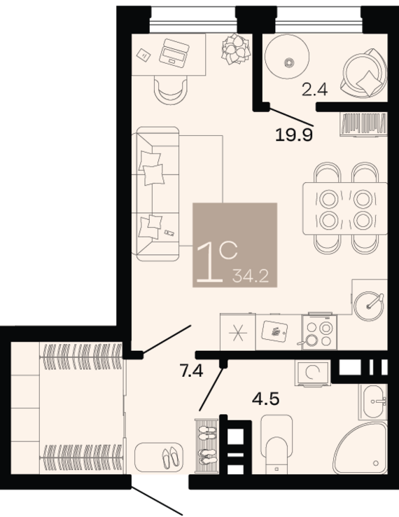 1-комнатная квартира №95 33 м2 от застройщика ГК ТОЧНО