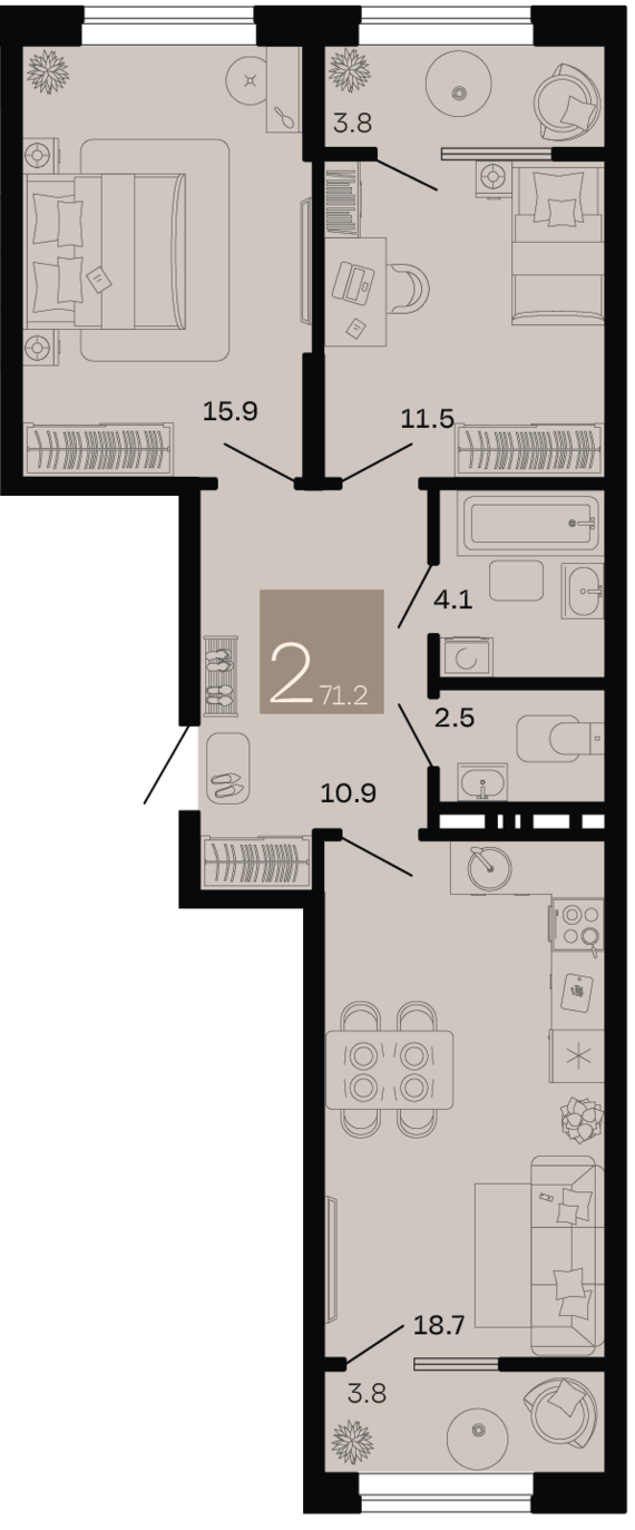 2-комнатная квартира №90 71,2 м2 от застройщика ГК ТОЧНО