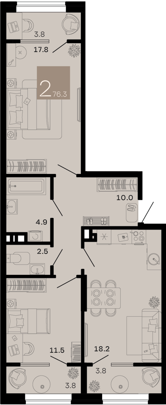 2-комнатная квартира №128 76,3 м2 от застройщика ГК ТОЧНО