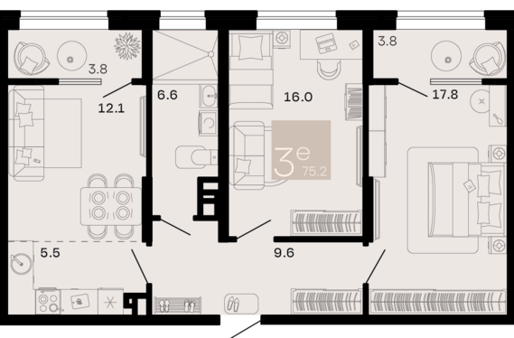 евро 3 к.кв. №152 75,2 м2 от застройщика ГК ТОЧНО