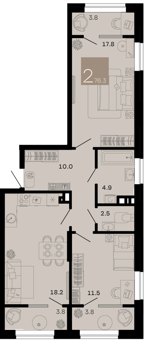 2-комнатная квартира №167 76,3 м2 от застройщика ГК ТОЧНО