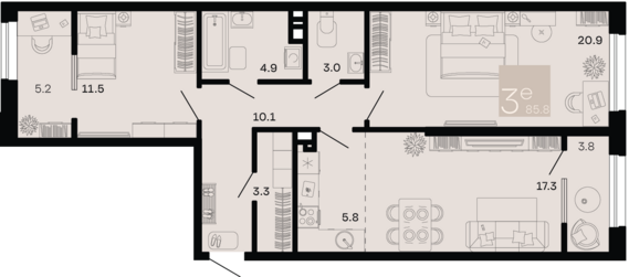 евро 3 к.кв. №64 85,8 м2 от застройщика ГК ТОЧНО