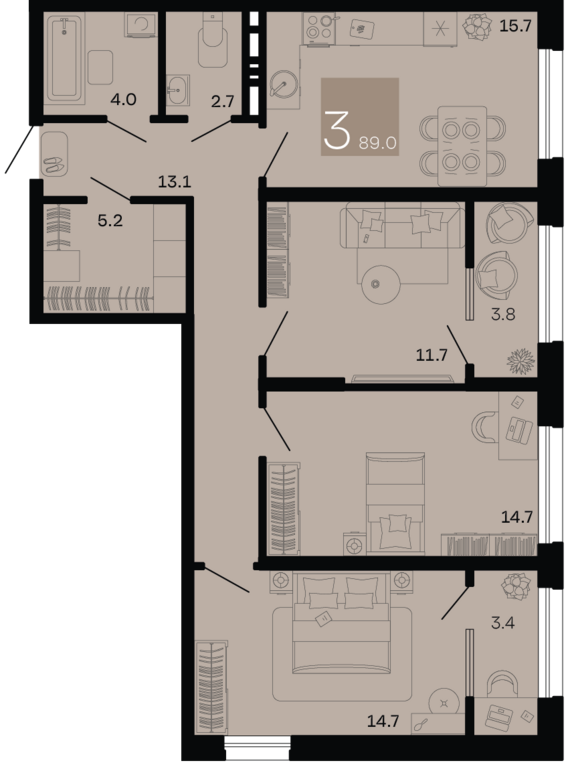 3-комнатная квартира №51 89 м2 от застройщика ГК ТОЧНО