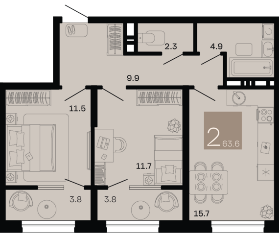 2-комнатная квартира №31 63,6 м2 от застройщика ГК ТОЧНО