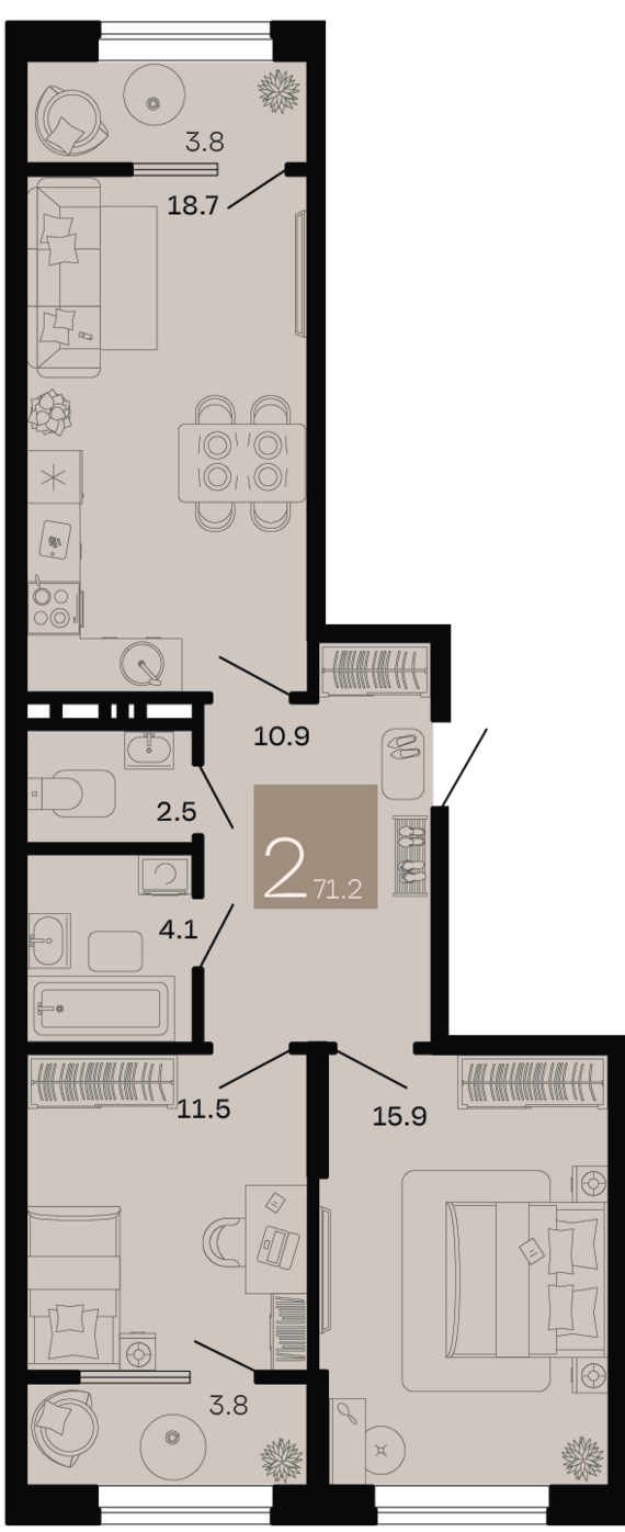 2-комнатная квартира №34 71,2 м2 от застройщика ГК ТОЧНО