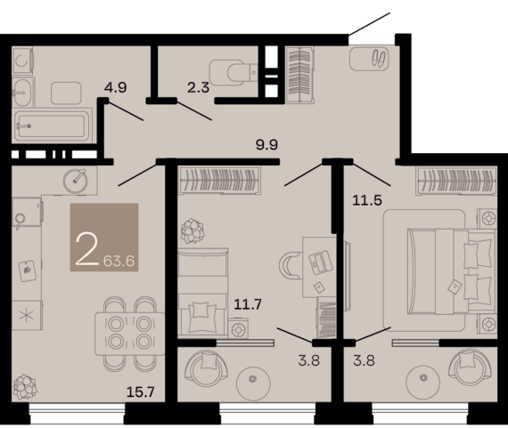 2-комнатная квартира №103 63,6 м2 от застройщика ГК ТОЧНО