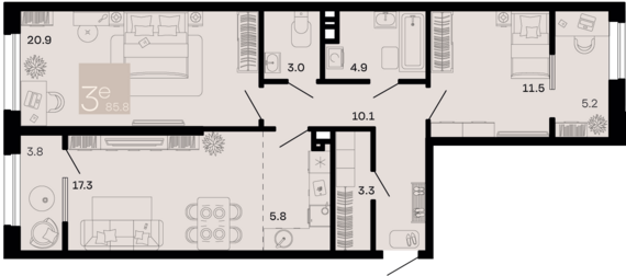 евро 3 к.кв. №112 85,8 м2 от застройщика ГК ТОЧНО