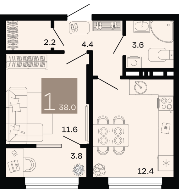 1-комнатная квартира №145 38 м2 от застройщика ГК ТОЧНО