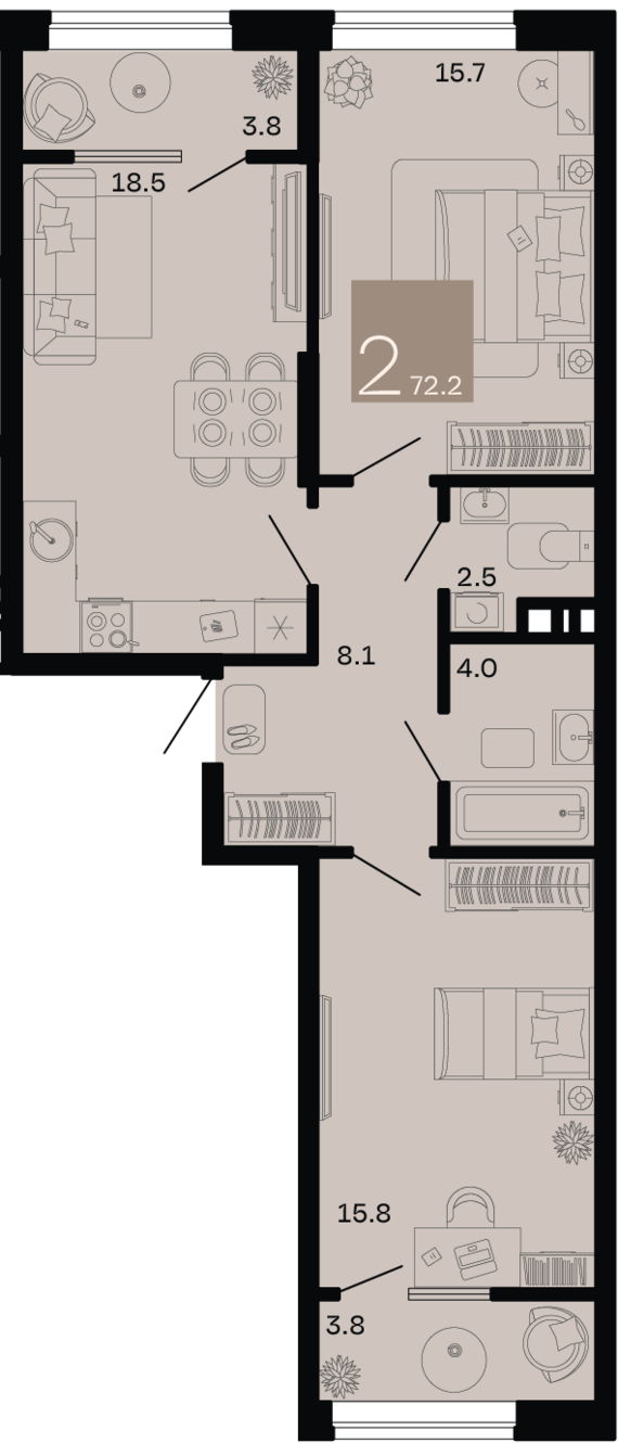 2-комнатная квартира №163 72,2 м2 от застройщика ГК ТОЧНО