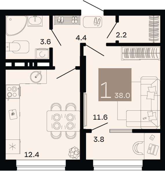 1-комнатная квартира №168 36,1 м2 от застройщика ГК ТОЧНО