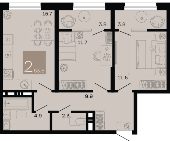2-комнатная квартира №192 63,6 м2 от застройщика ГК ТОЧНО