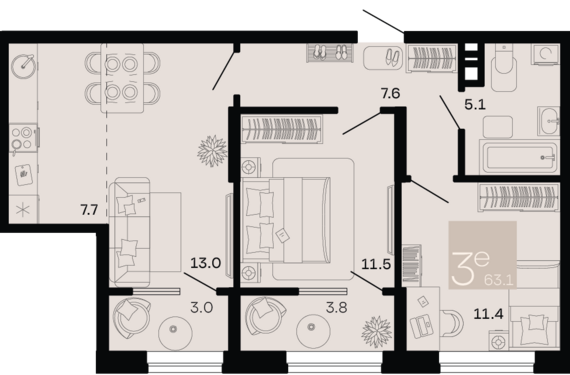 евро 3 к.кв. №224 63,1 м2 от застройщика ГК ТОЧНО