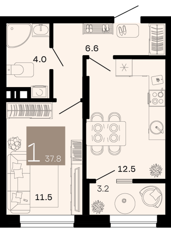 1-комнатная квартира №260 37,8 м2 от застройщика ГК ТОЧНО