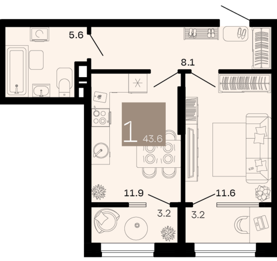 1-комнатная квартира №273 43,6 м2 от застройщика ГК ТОЧНО