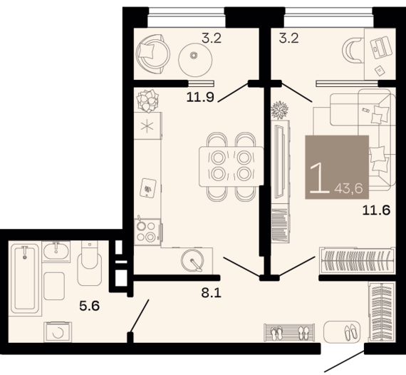 1-комнатная квартира №22 43,6 м2 от застройщика ГК ТОЧНО