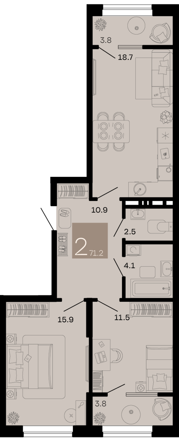 2-комнатная квартира №72 71,2 м2 от застройщика ГК ТОЧНО