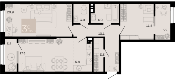 евро 3 к.кв. №70 85,8 м2 от застройщика ГК ТОЧНО