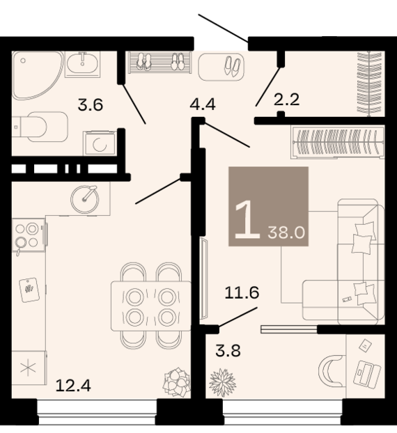 1-комнатная квартира №116 38 м2 от застройщика ГК ТОЧНО