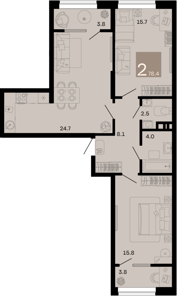 2-комнатная квартира №111 78,4 м2 от застройщика ГК ТОЧНО