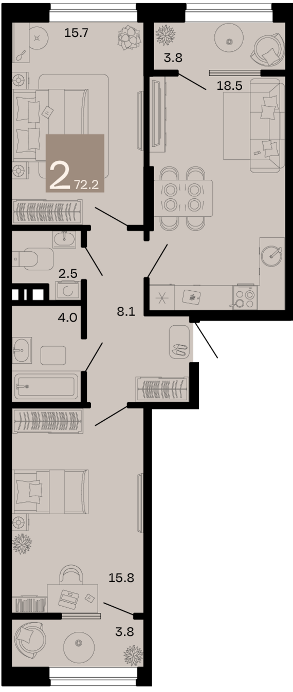 2-комнатная квартира №142 72,2 м2 от застройщика ГК ТОЧНО