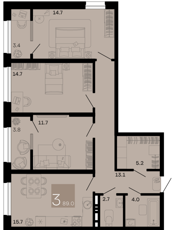 3-комнатная квартира №177 89 м2 от застройщика ГК ТОЧНО