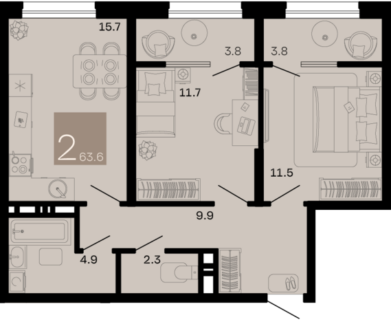 2-комнатная квартира №199 63,6 м2 от застройщика ГК ТОЧНО