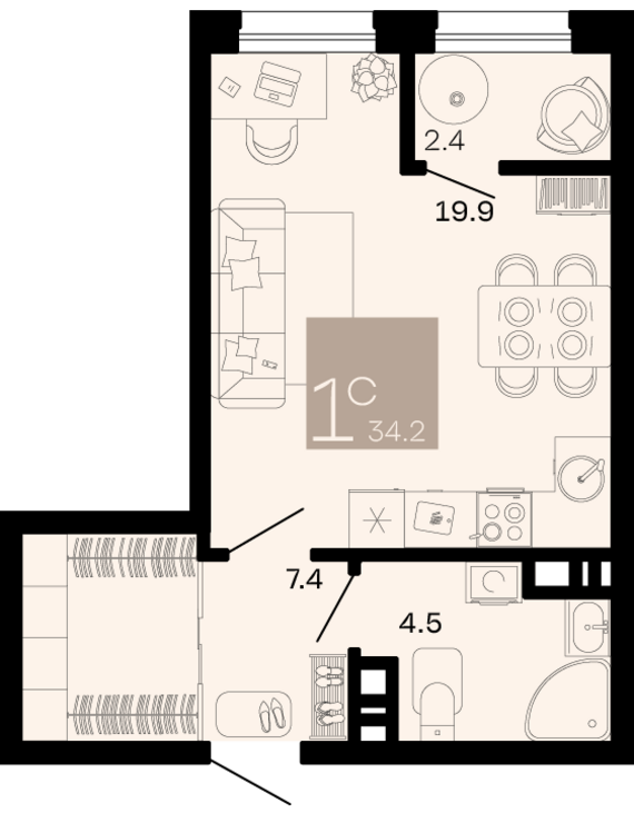 Студия №200 34,2 м2 от застройщика ГК ТОЧНО